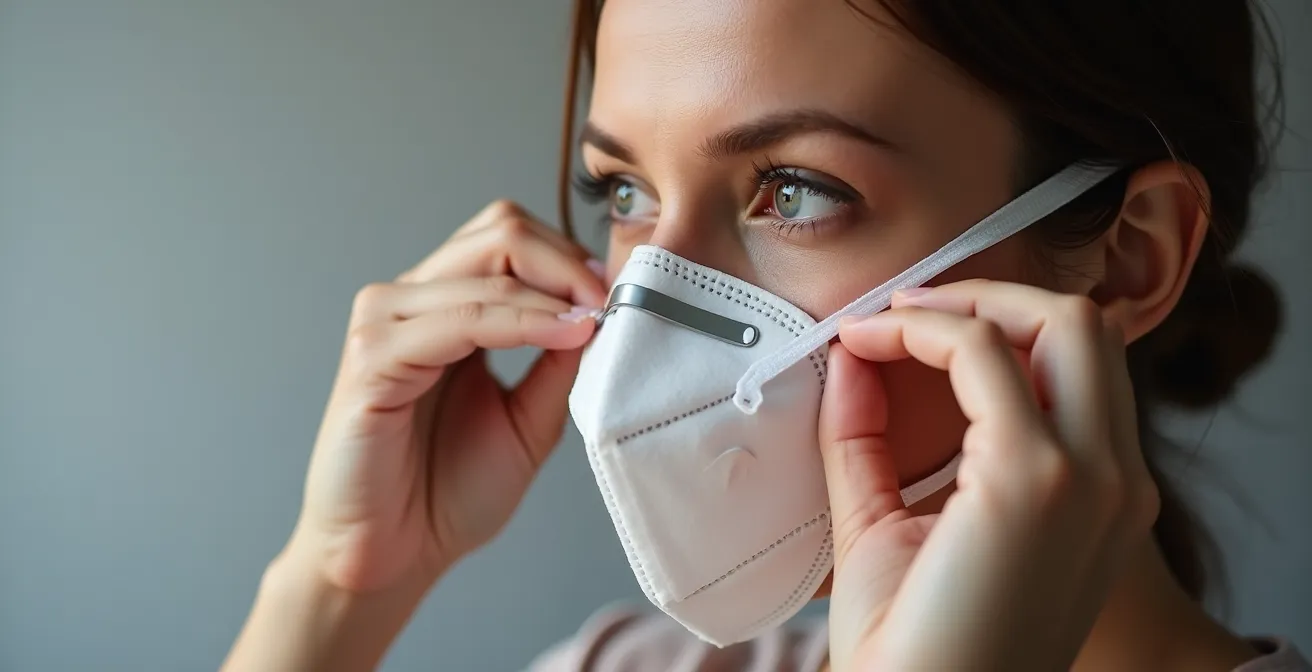 Démonstration de l'ajustement correct d'un masque FFP2 avec barrette nasale pincée