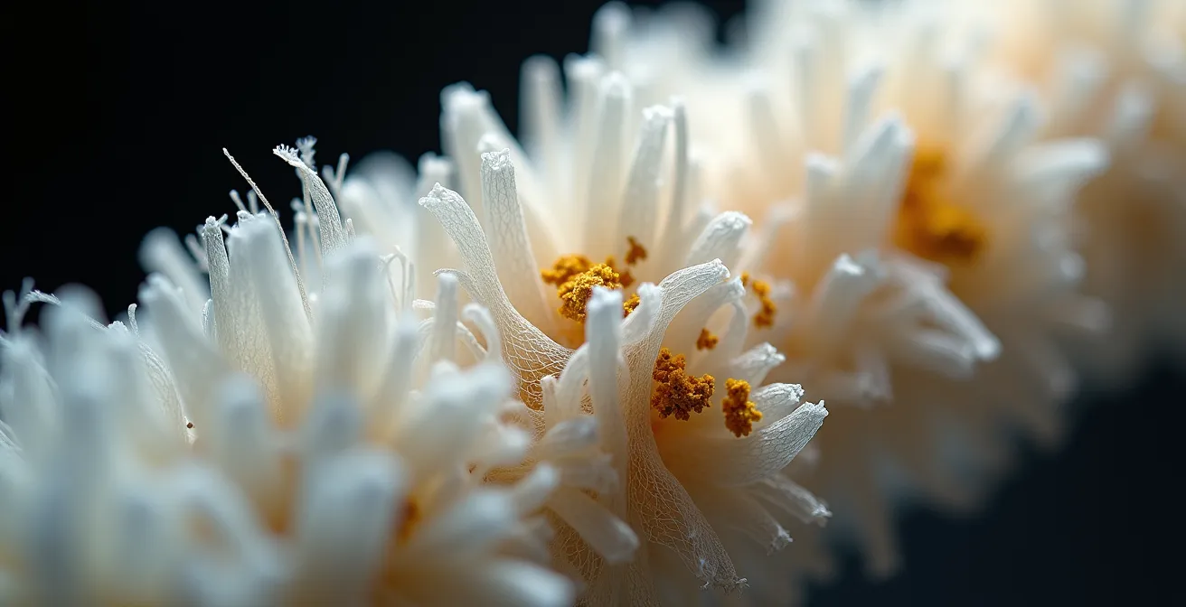 Vue macro détaillée des fibres d'un filtre FFP2 capturant des particules